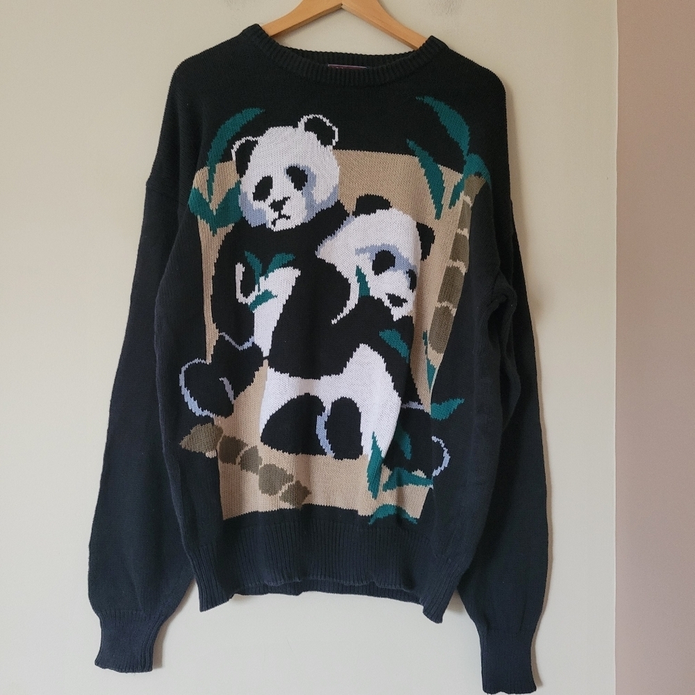 Vintage Unisex Hand Knit Cotton Intarsia Retro Panda Bear Sweater Size Large